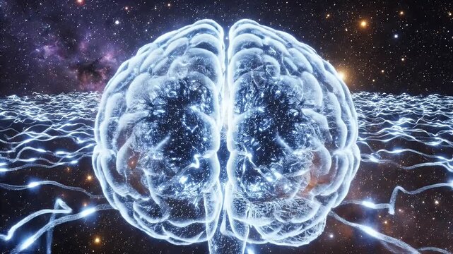 Cosmic Brain in a Starry Universe - A digitally video video of a transparent brain superimposed against a backdrop of a star-filled universe.
