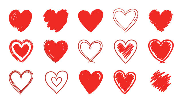 Assortment of fifteen hand drawn red hearts showcasing various artistic techniques from delicate outlines to bold scribbles and textures.