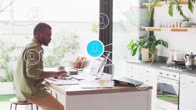 Man typing and sorting folder, starting animated network pulsing shrinking blue node for business