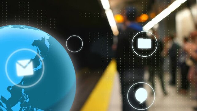 Blue globe rotating, grid appearing, icons emerging and floating over platform, showing network