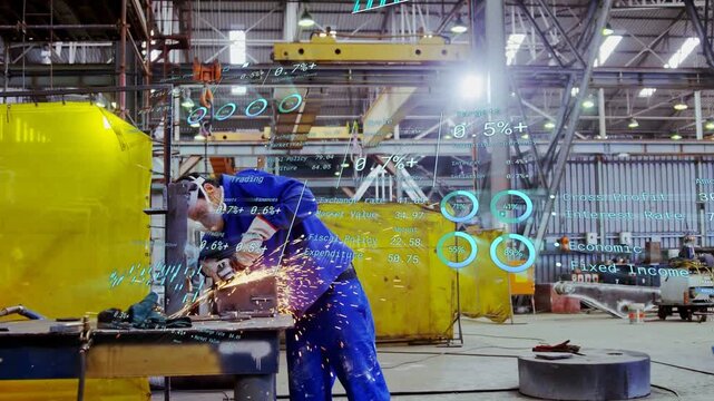 Metalworker starting grinder, grinding workpiece for fabrication, making sparks, AR HUD guiding