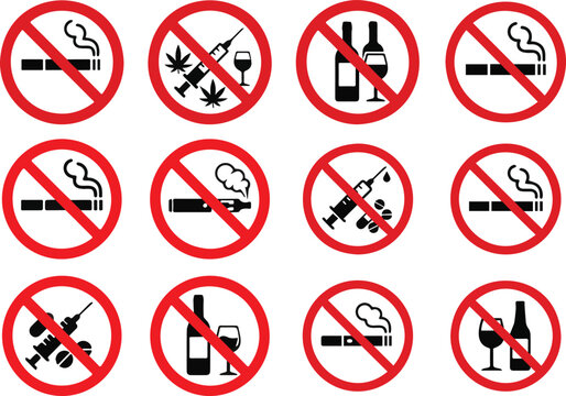 Sign prohibition vector illustration showing forbidden drugs, no smoking, no vaping, and no alcohol in red crossed circle, perfect for public areas, restricted zones, safety signage