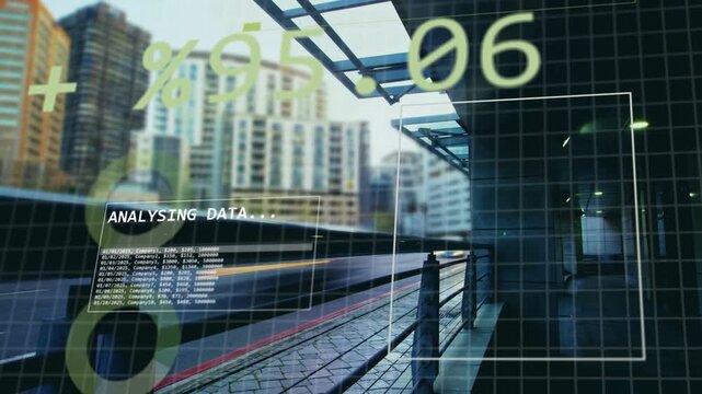 HUD appearing over walkway, numbers updating, binary box appearing, frame aligning for analysis
