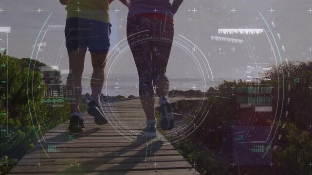 Two runners left foot entering for fitness feet pacing boardwalk HUD pulsing then fading to ocean