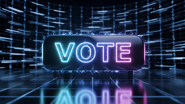 Futuristic Digital Voting Concept - A glowing, neon-styled "VOTE" button is prominently displayed against a high-tech background filled with digital grid lines and circuitry.