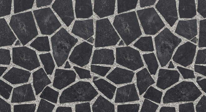 Black Irregular Slate Flagstone Crazy Paving Texture with Contrasting Light Mortar