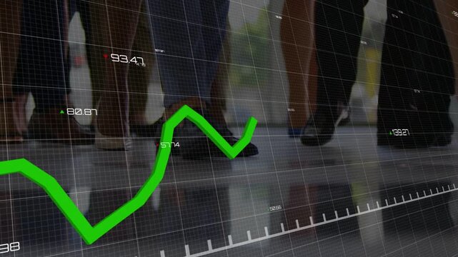 Green line chart entering from left, moving across legs, dipping and rising, visualizing markets