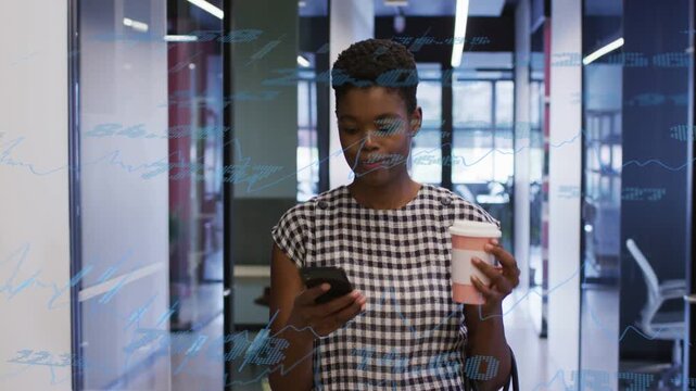 Woman walking glass corridor shifting cup unlocking phone scanning emails activating blue overlays
