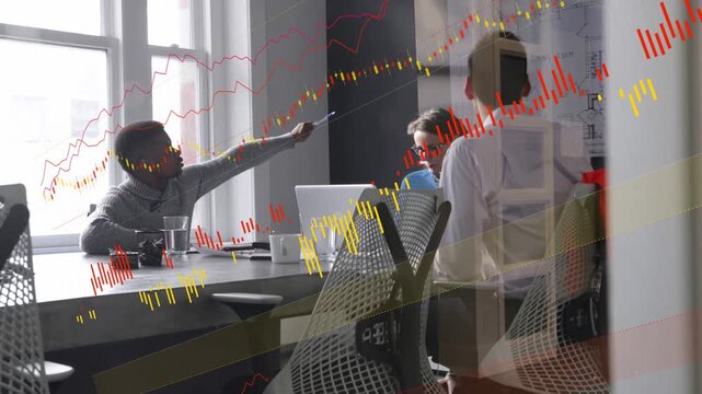Left man leaning and pointing pen at laptop, causing finance charts expanding for strategy