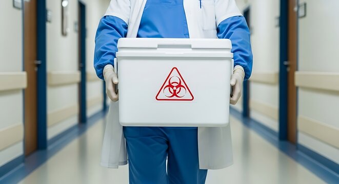Healthcare worker in sterile attire carries biohazard container down sterile hallway