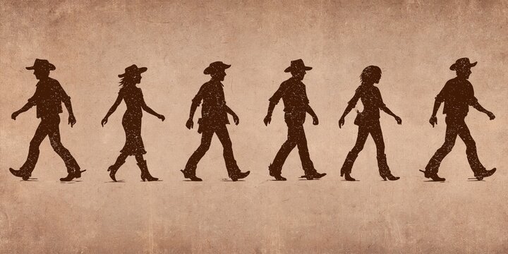 country western line dancing concept with cowfolk moving in unison to the music