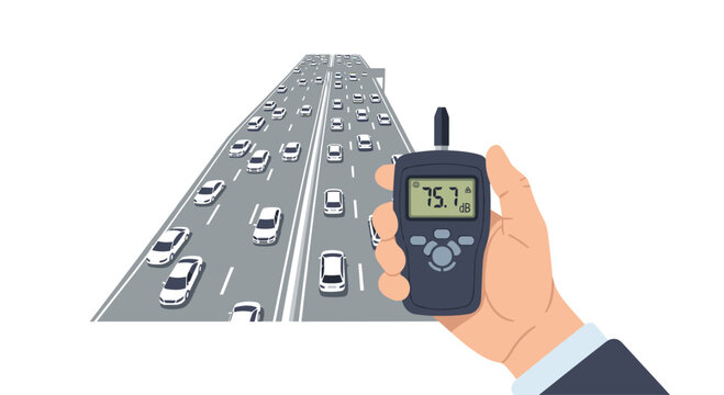A hand holds a digital sound level meter measuring traffic noise on a busy highway in a detailed flat vector illustration with a crisp and modern color palette.