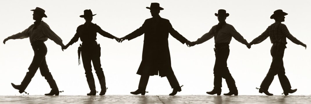 country western line dancing concept with cowfolk moving in unison to the music