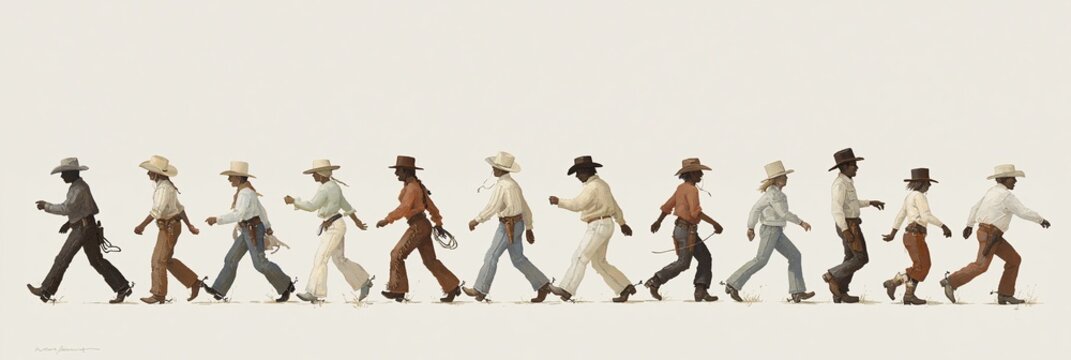 country western line dancing concept with cowfolk moving in unison to the music
