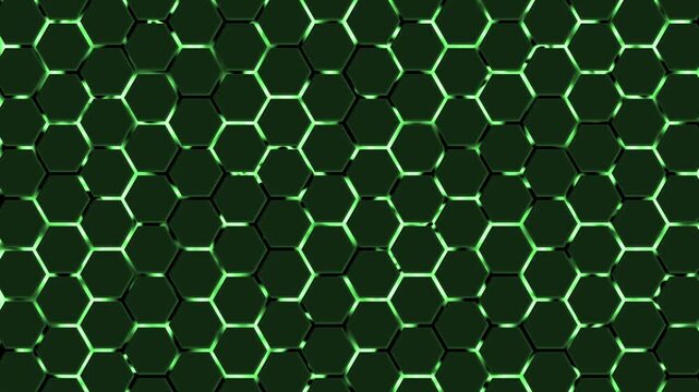 Hexagonal tiles with glossy highlights and shadowed edges, Dark hexagonal honeycomb pattern background animation