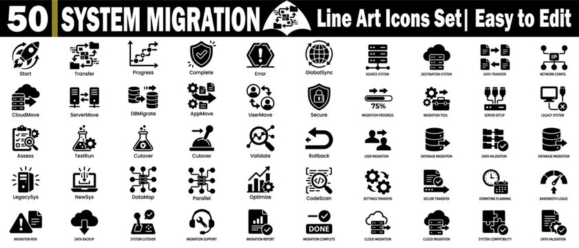 System migration solid icons set. Representing database server transfer, cloud move, and network configuration on a gray transparent grid.
