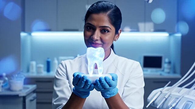 Dentist Holding Digital Tooth Hologram - A dentist wearing a white coat and blue gloves is depicted in a modern clinic, holding a glowing digital hologram of a tooth.