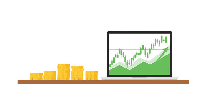 Laptop displaying a vibrant green stock market uptrend alongside increasing stacks of gold coins, placed on a simple wooden shelf.