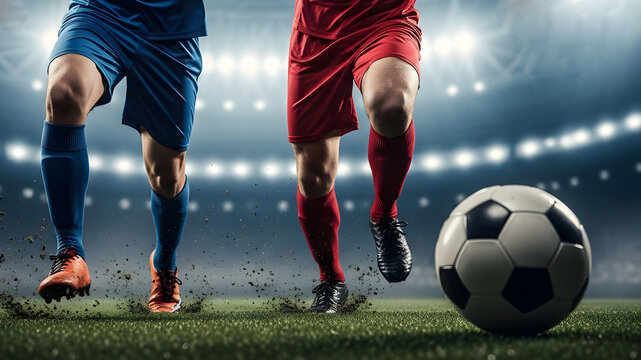 Two professional football players in red and blue kits battle for possession on a grass pitch under bright stadium lights, capturing the intense action and energy of a competitive match
