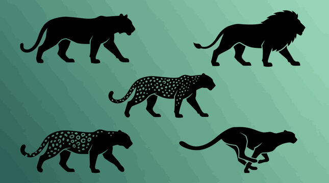 Silhouettes of five different big cats including a lion, tiger, leopard, jaguar, and cheetah in motion.