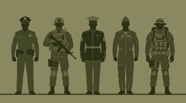 Silhouettes of five individuals in different uniforms, representing various professions and branches of service.