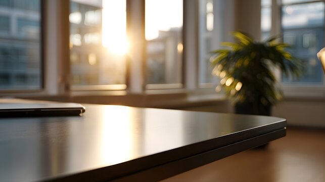 Sunlight streams through large onto a sleek modern desk creating a warm and sophisticated workspace ambiance