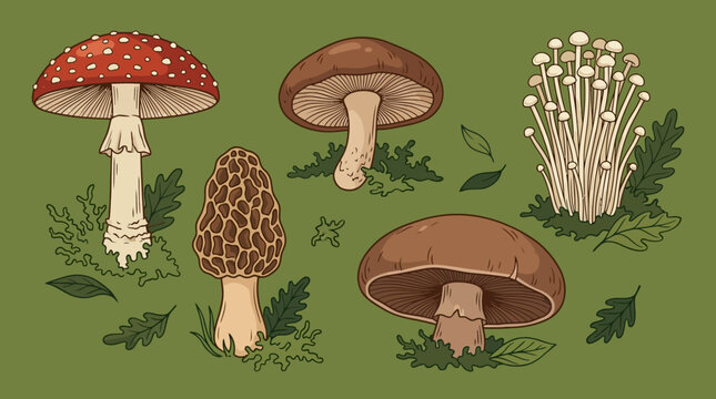 A detailed illustration featuring a diverse range of mushroom species, including the iconic red-and-white *Amanita muscaria*, as well as morel, shiitake, and enoki mushrooms. The composition is set ag