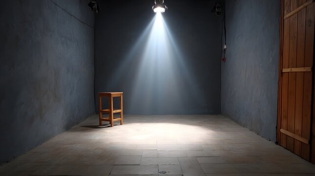 A dramatically lit empty modern studio space featuring textured concrete walls a wooden floor and a simple stool under a focused spotlight