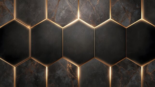 An elegant abstract backdrop featuring dark marble hexagonal panels defined by a radiant gold glow
