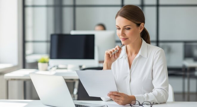 Professional woman sitting at a desk and reviewing documents in a modern office environment.