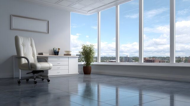 A bright modern office workspace featuring a comfortable executive chair and large with a panoramic city view