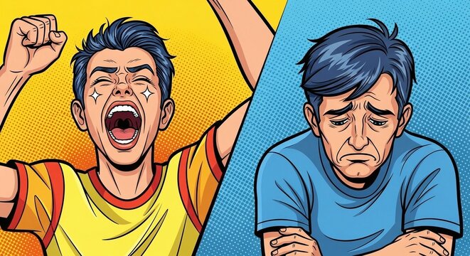 Emotional Contrast of Young Man Celebrating and Elderly Man Feeling Sad