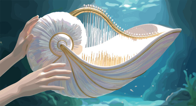 Ethereal seashell harp vector illustration with golden strings and pearl nautilus shell isolated on white background