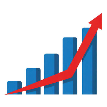 A rising red arrow graphique superimposed on a blue bar chart indicating upward growth and success isolated on transparent background