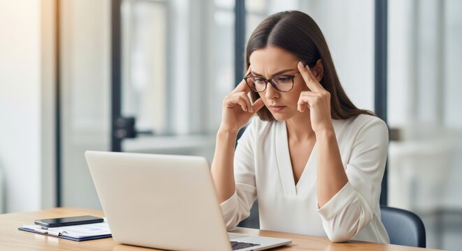 Stressed professional woman looks at her laptop screen with intense concentration and concern in a modern office environment.
