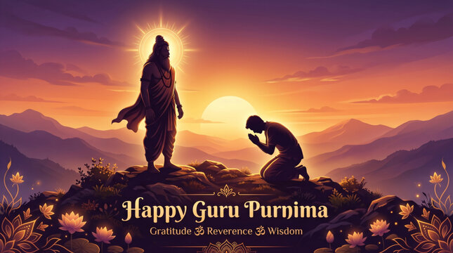 Guru Purnima Spiritual Banner with Disciple Bowing to Mentor at Sunset for Traditional Hindu Festival Greeting and Religious Media Background
