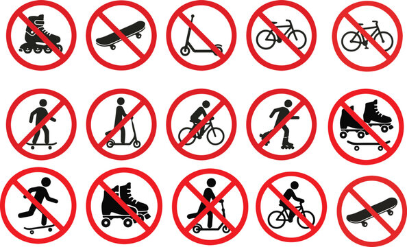 Ban rollerskate silhouette icon set featuring bike forbid pictogram, skateboard, roller skate, and kick scooter symbols, including permitted green icons and no allowed skating signs