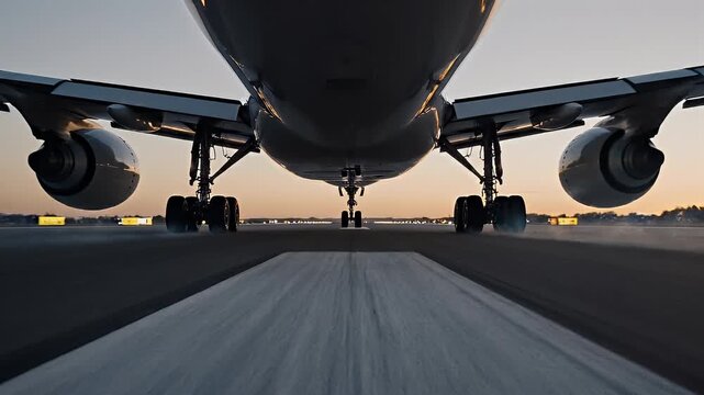 Airplane taking off down runway fast.