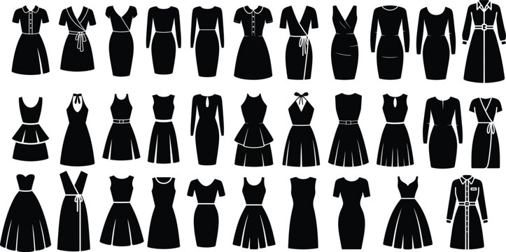 Collection of black silhouette dresses various styles black and white evening wear day dress party dress cocktail dress long dress short dress mini dress midi dress