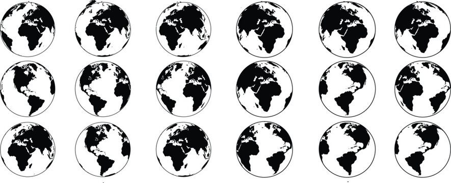 Set of earth globe illustrations rotating planet views world map blue planet black and white continents universe rotation spinning geography illustration collection