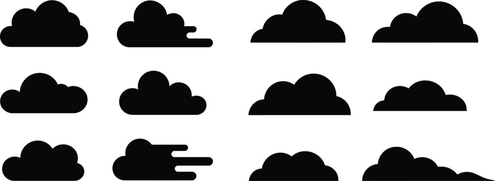 Collection of cloud silhouettes various shapes and forms black and white atmosphere formation illustration collection weather symbol meteorology overcast abstract