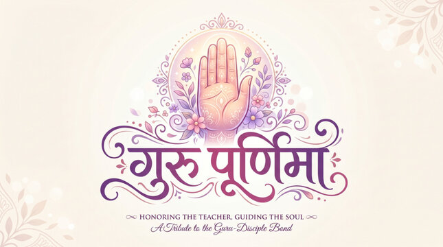 Guru Purnima Festival Greeting Banner with Divine Blessing Hand and Floral Ornament for Traditional Hindu Celebration Social Media Post Template
