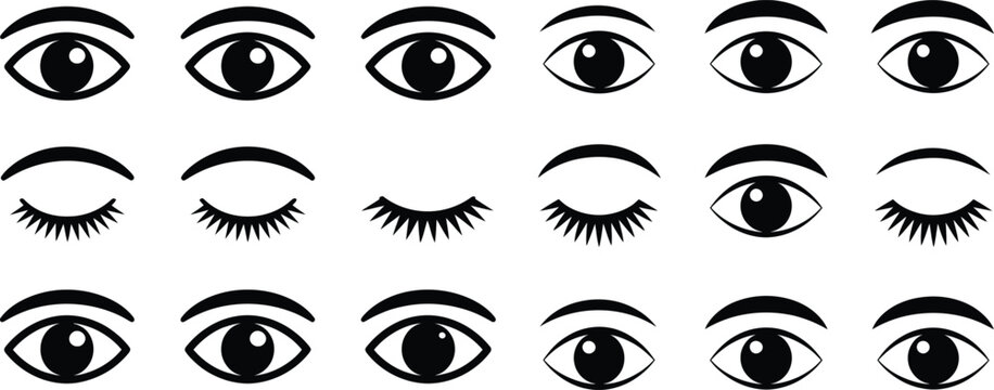 Set of eye illustrations open and closed eyes black and white human eye eyelashes illustration collection perception expression awareness observation