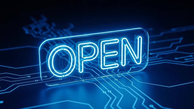 Glowing Neon Sign Displaying The Word Open Lit In Bright Blue On Circuit Board Background Digital Accessibility Availability For Websites Business Announcements