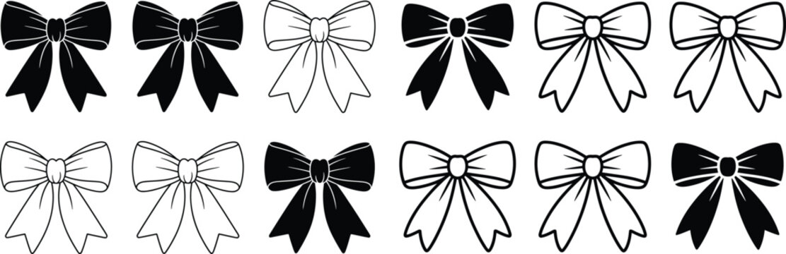 Assortment of black and white bow illustrations both filled and outlined bow tie hair accessory gift wrap illustration decoration accessory celebration