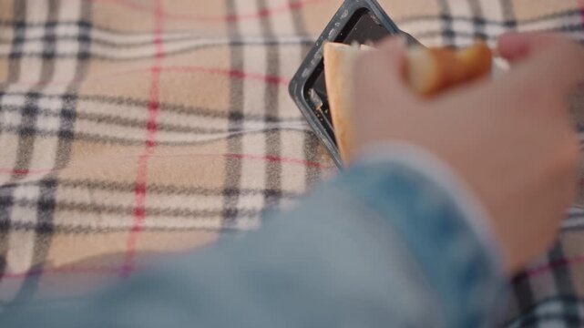 Hand reaches sandwich on picnic blanket, person lifts sandwich from black plastic tray, crumbs scatter as tray flips empty, denim sleeve visible, warm sunlight, candid outdoor snack action
