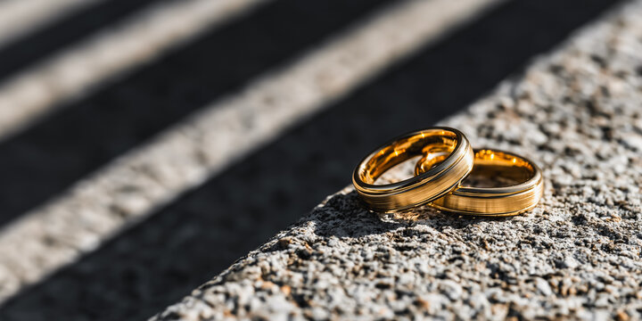 Classic, polished gold wedding rings on a raw concrete base, wedding ring advertising concept and space for text