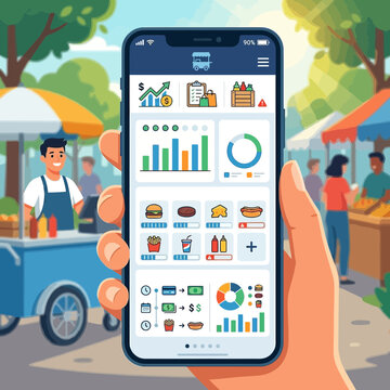 A person displays a smartphone with a business app at an outdoor market.