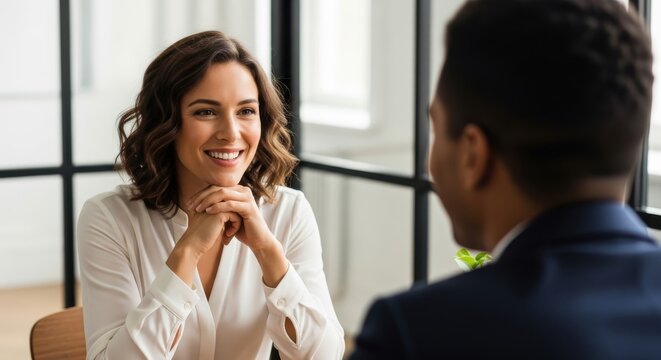 Professional woman smiles warmly while participating in a job interview or business meeting with a male colleague.