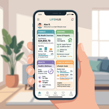 Person holding smartphone with health and wellness app open in living room